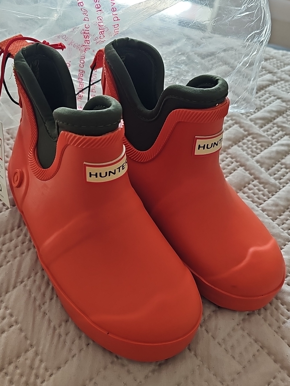 Hunter Kids Orange Short Rain Boots with Green Collar
